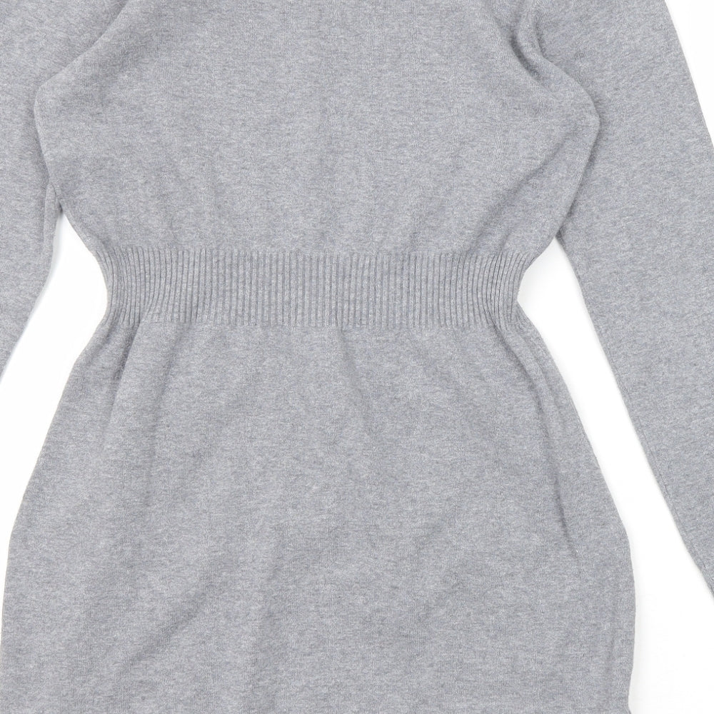 Mango Womens Grey Cotton Jumper Dress Size M V-Neck Pullover