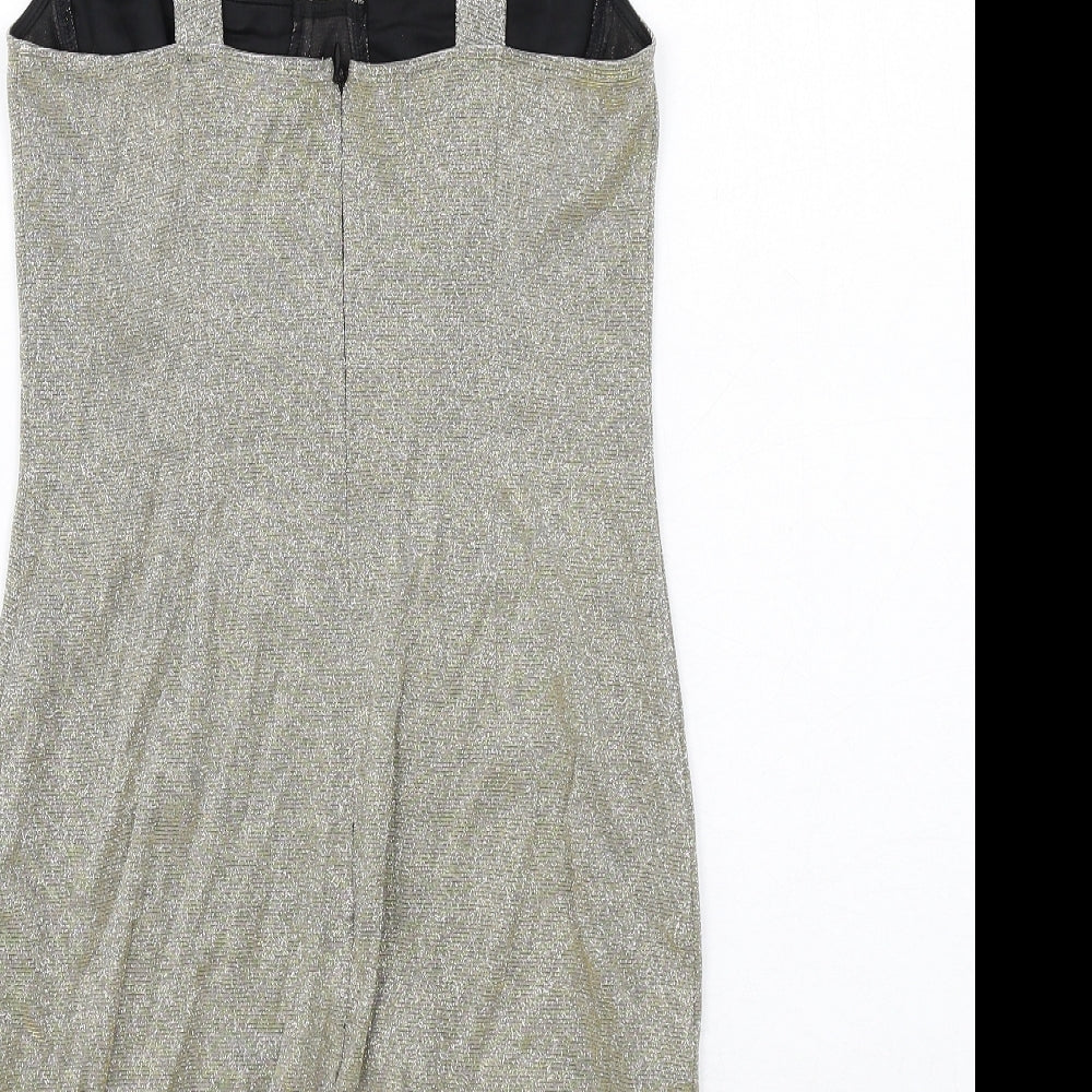 Brand and care label for Missguided women’s gold polyester mini, size UK 8, sweetheart zip