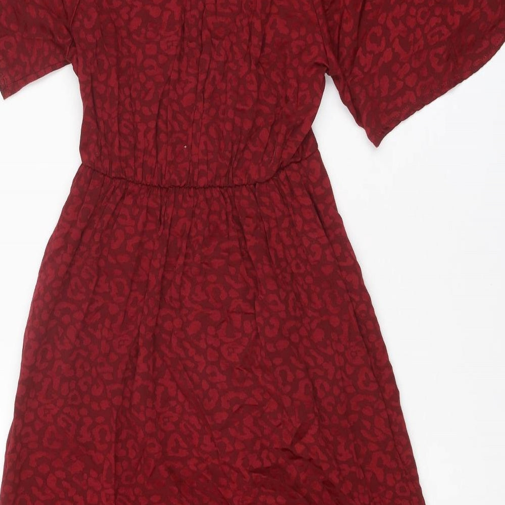 New Look Womens Red Animal Print Viscose A-Line Size 6 V-Neck Pullover - Leopard Print