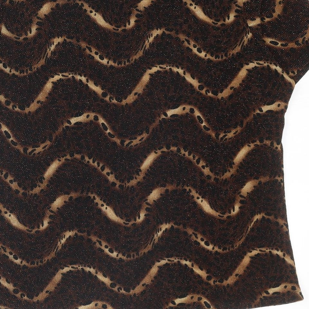 Saloos Womens Brown Geometric Nylon Basic T-Shirt Size L Round Neck