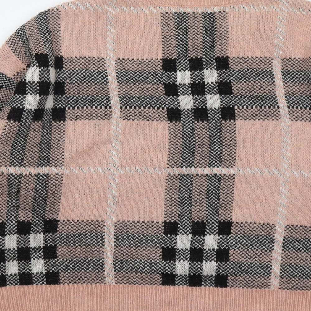 New Look Womens Pink Round Neck Plaid Acrylic Pullover Jumper Size M