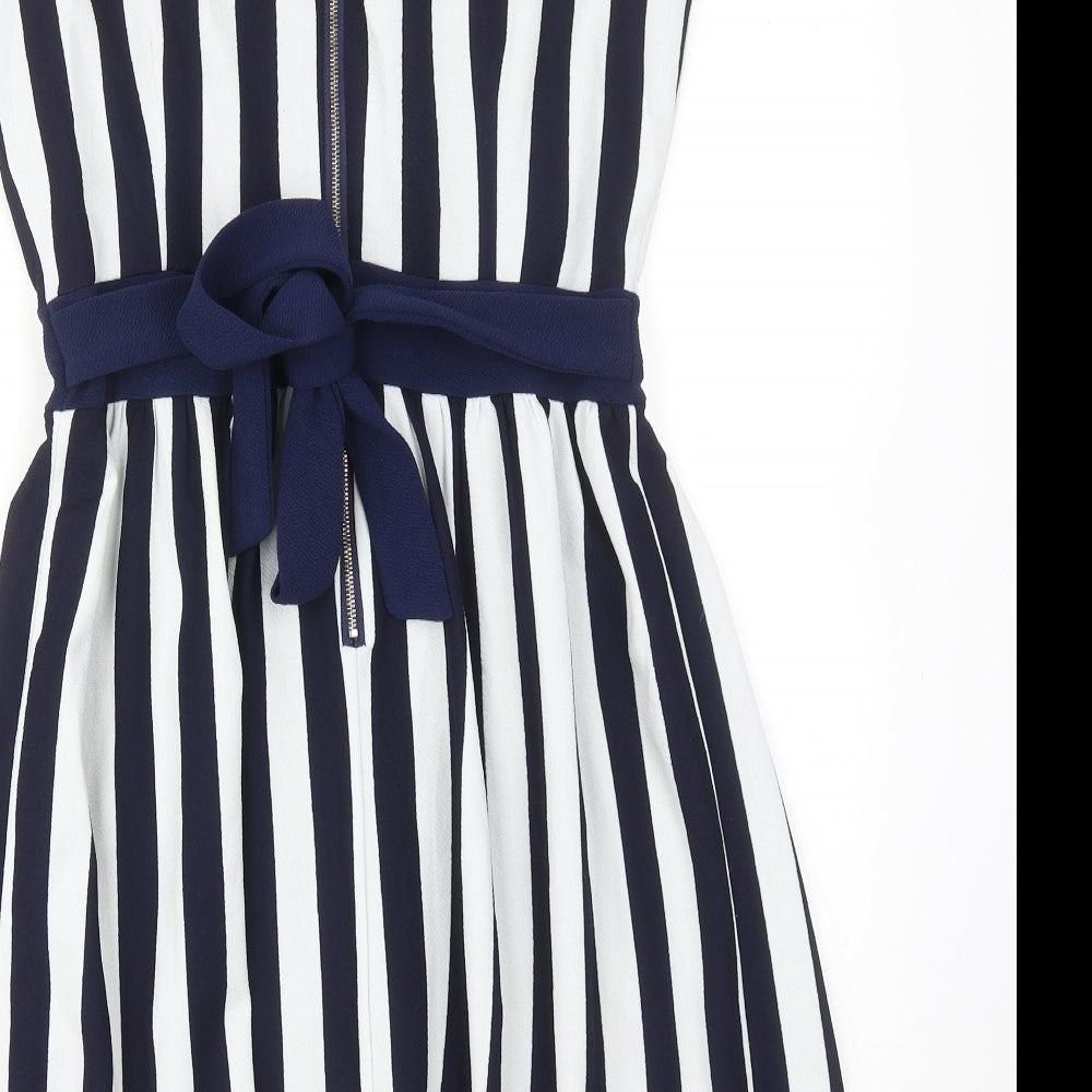 Mela London Womens Blue Striped Polyester A-Line Size 10 V-Neck Zip