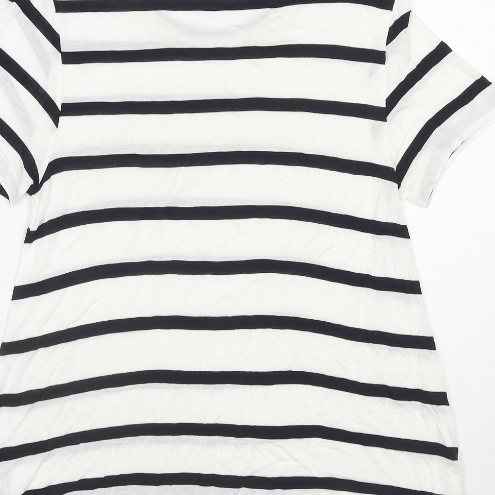 Marks & Spencer Womens White Striped Viscose Basic Blouse Size 8 Round Neck