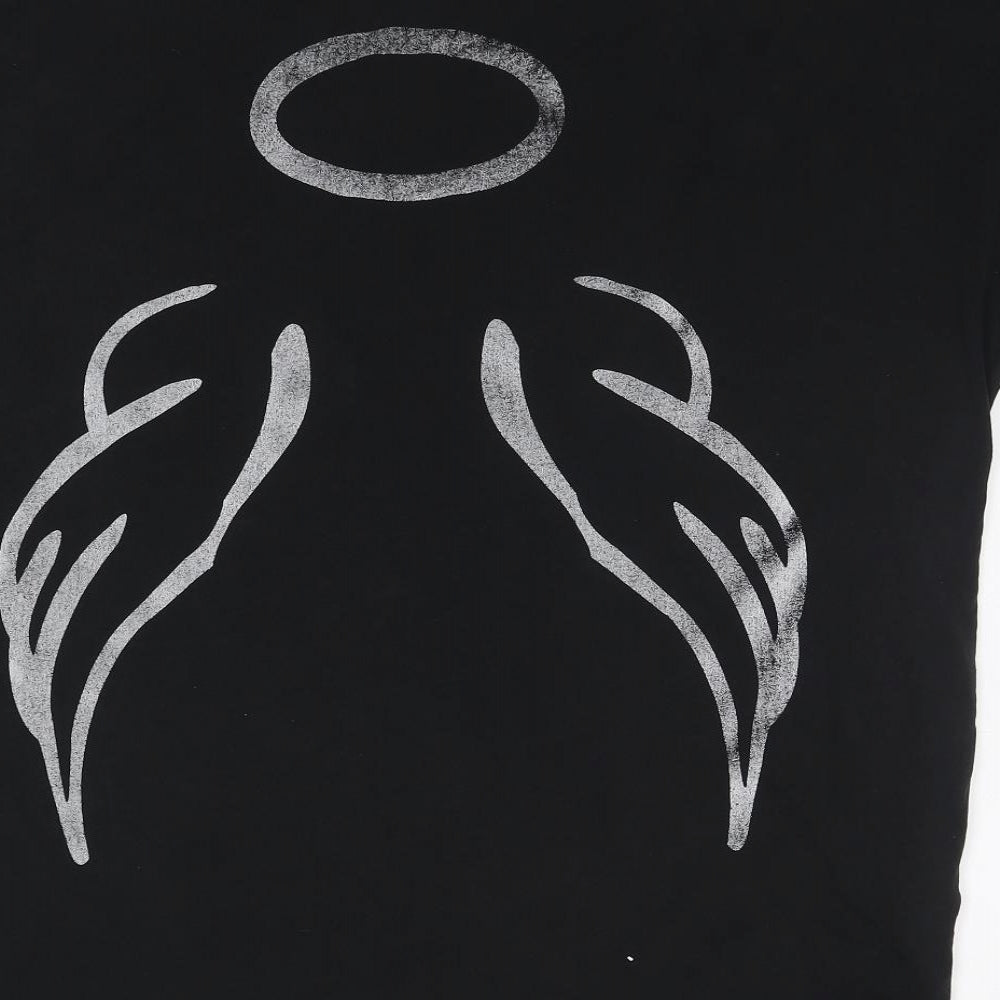 New Collection Womens Black Polyester Basic T-Shirt One Size Round Neck - Angel Wings and Halo