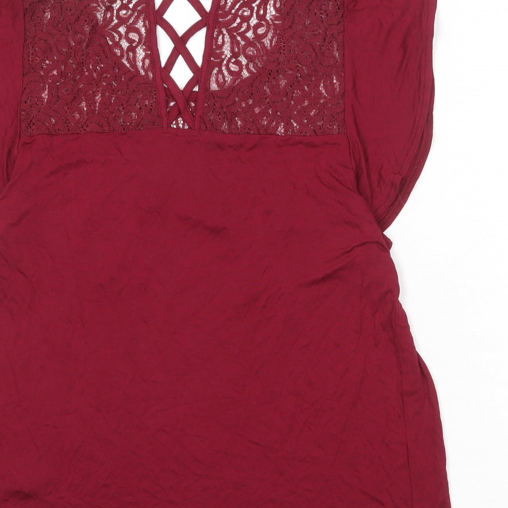 BHS Womens Red Viscose Basic Blouse Size 10 Boat Neck - Lace Detail