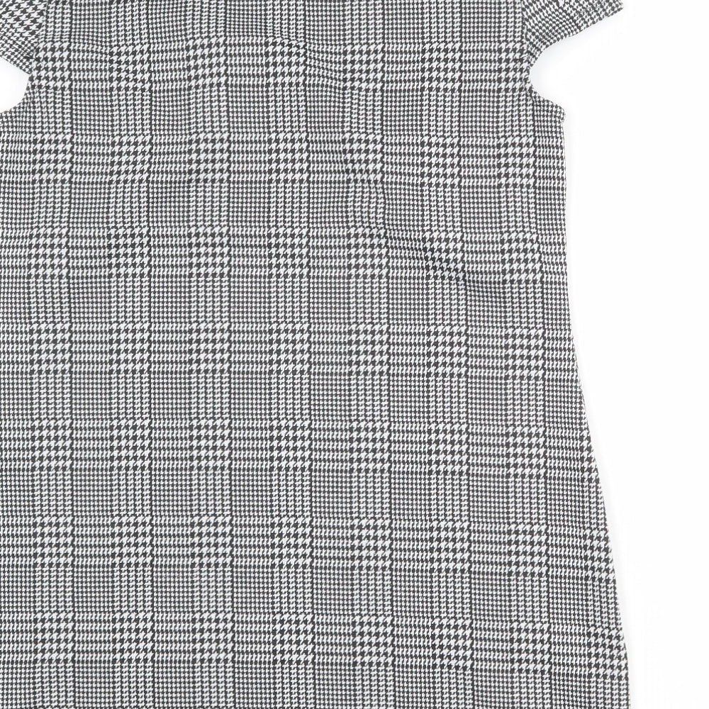 Dorothy Perkins Womens Grey Plaid Polyester A-Line Size 12 Round Neck Button - Flower Detail