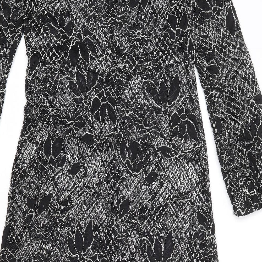 Zara Womens Black Floral Polyester A-Line Size S Round Neck Button