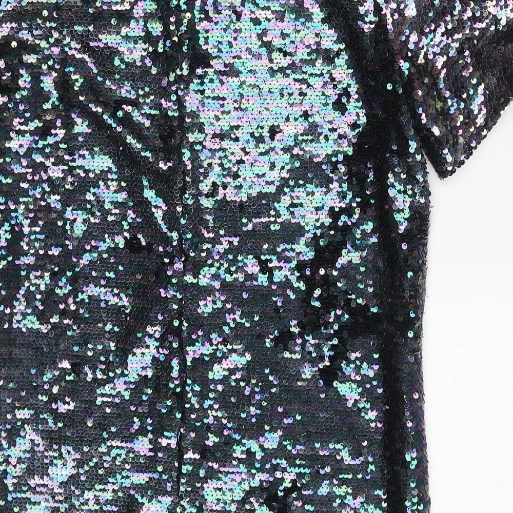 Glamorous Womens Black Polyester A-Line Size S Round Neck Zip - Reversible sequin