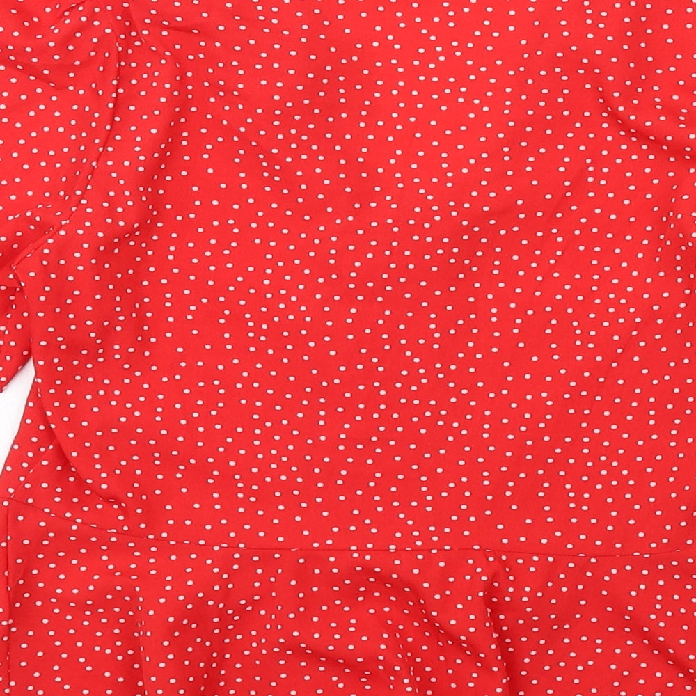 New Look Womens Red Polka Dot Polyester Basic Blouse Size 6 V-Neck