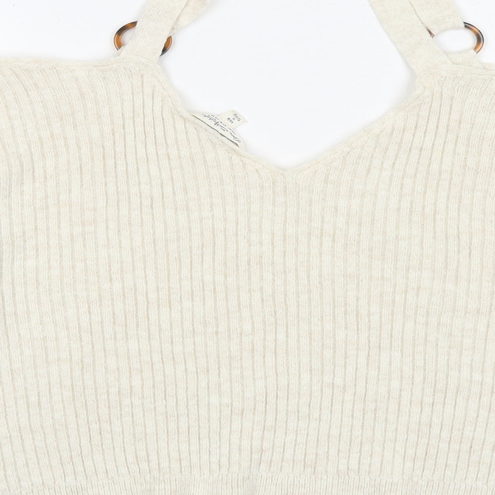Miss Selfridge Womens Beige V-Neck Polyester Pullover Jumper Size 14 - Cold Shoulder