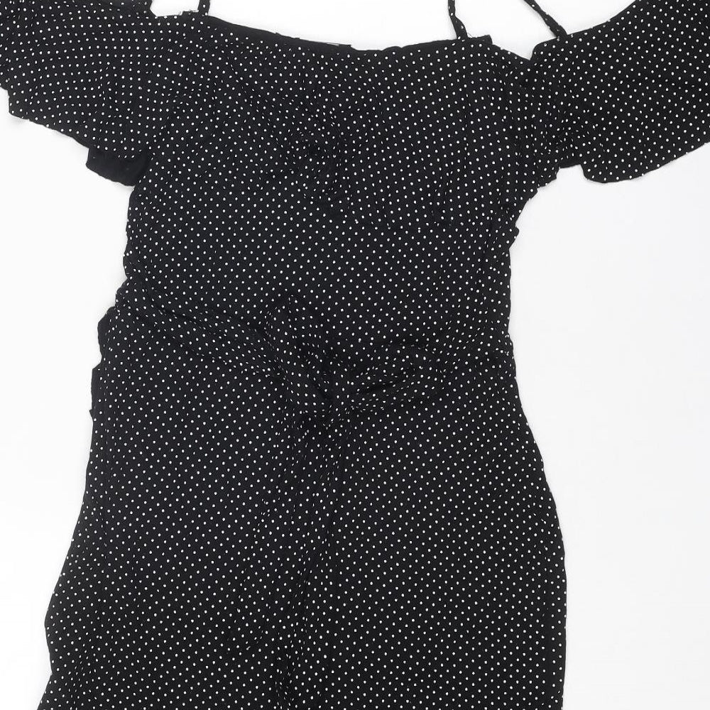 I SAW IT FIRST Womens Black Polka Dot Viscose A-Line Size 8 V-Neck Pullover - Cold shoulder