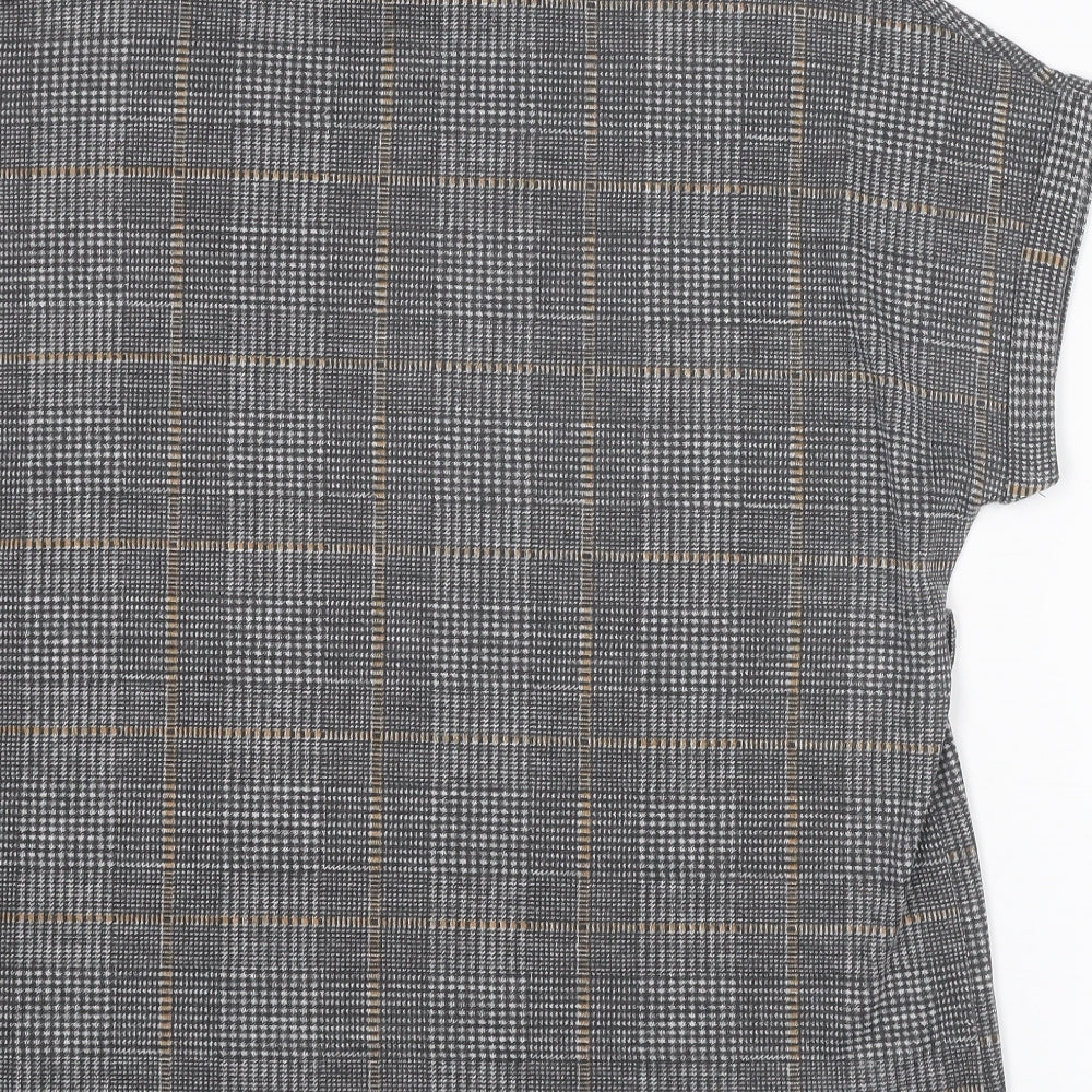 New Look Womens Grey Plaid Polyester Basic T-Shirt Size M Round Neck