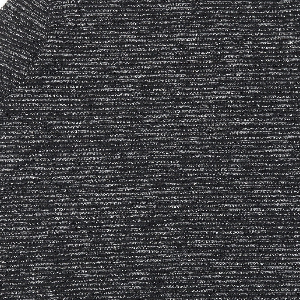 Brand and care label for Dunnes women’s black striped polyester basic blouse, size M, round neck