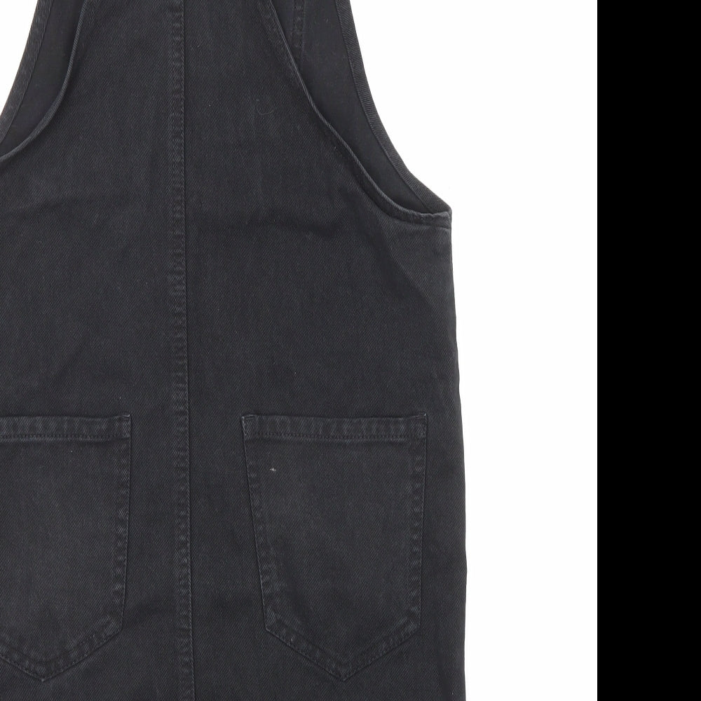 New Look Womens Black Cotton Pinafore/Dungaree Dress Size 8 Square Neck Button