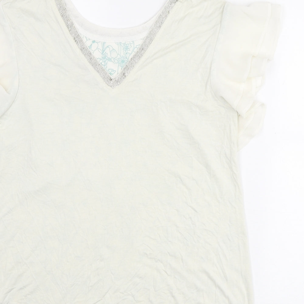 NEXT Womens White Floral Polyester Basic T-Shirt Size 12 Round Neck