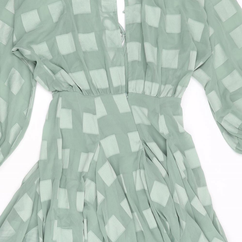 ASOS Womens Green Check Polyester Fit & Flare Size 4 V-Neck Zip