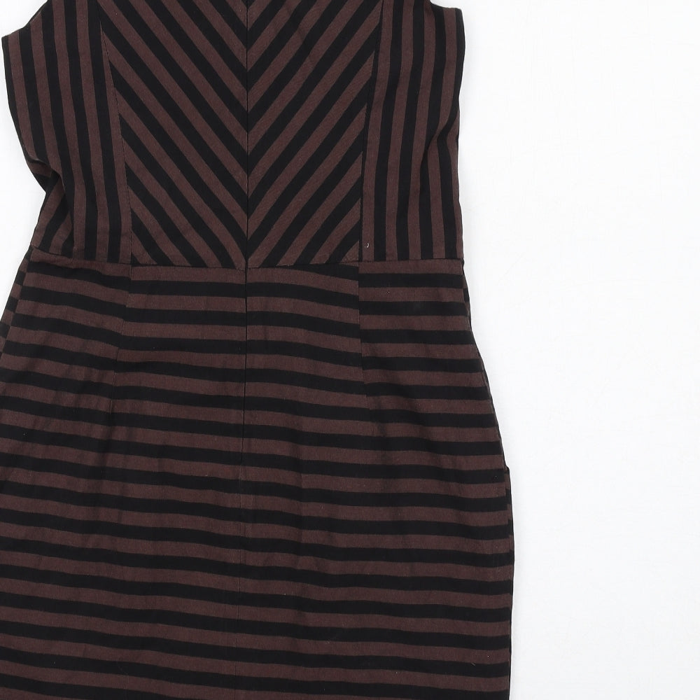 Warehouse Womens Brown Striped Polyester Shift Size 12 Cowl Neck Zip
