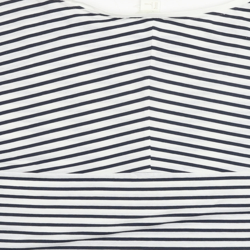 H&M Womens Blue Striped Cotton Cropped T-Shirt Size L Round Neck
