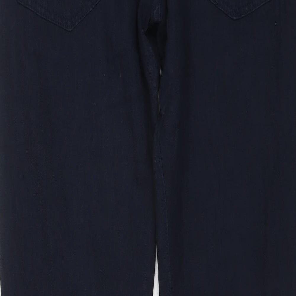 Brand and care label for ESPRIT men’s blue cotton straight jeans, size 30, in, 32-inch leg regular button