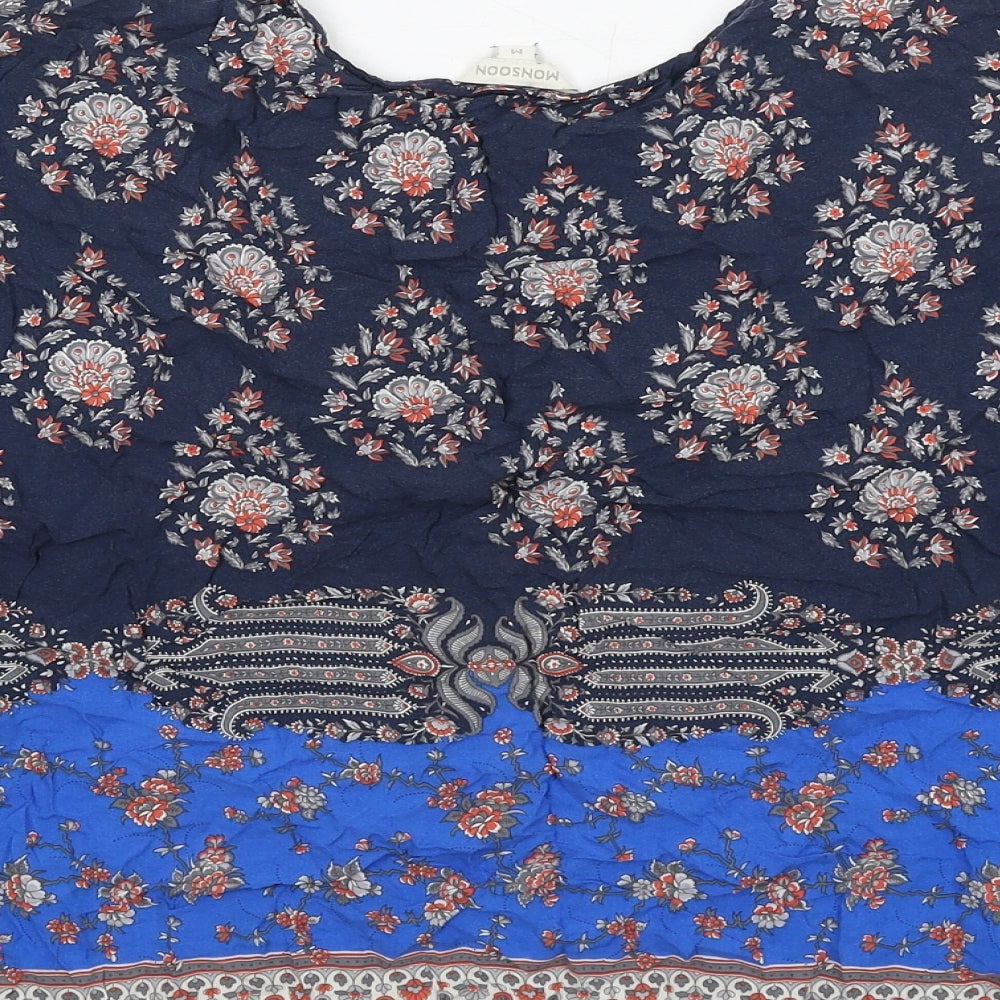 Monsoon Womens Blue Geometric Viscose Basic Blouse Size M Round Neck