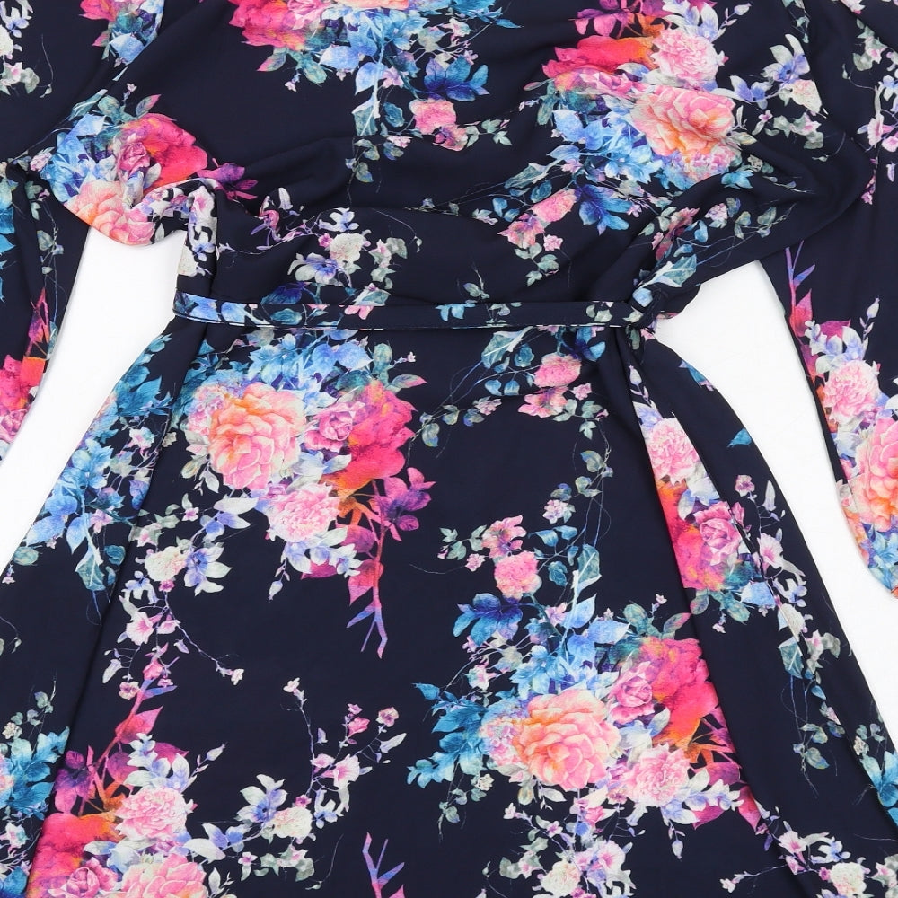 Only Womens Blue Floral Polyester A-Line Size 14 V-Neck Pullover