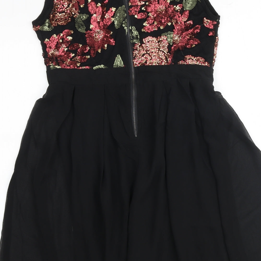 Missi Womens Black Floral Polyester Fit & Flare Size 12 V-Neck Zip