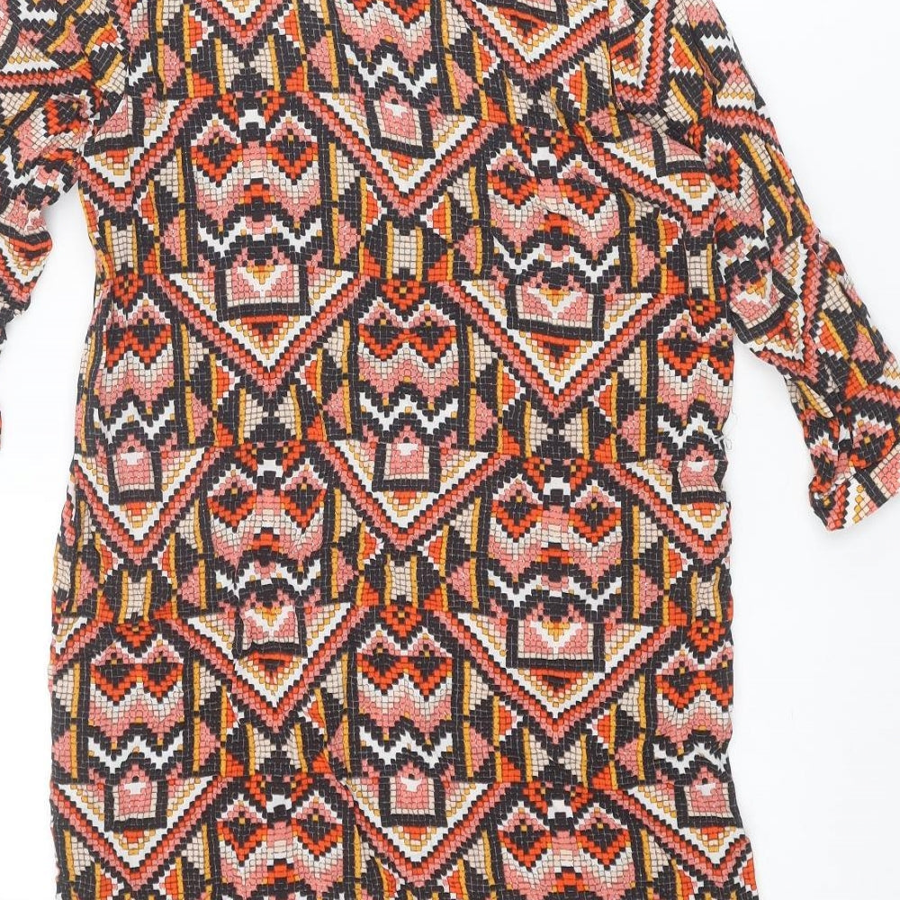 H&M Womens Multicoloured Geometric Viscose A-Line Size 8 Round Neck Button