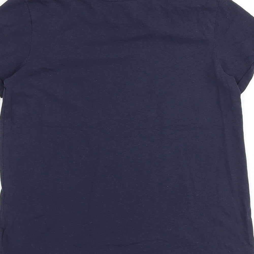 Brand and care label for Next girls’ blue 100% cotton basic t-shirt, size 12, years round neck pullover