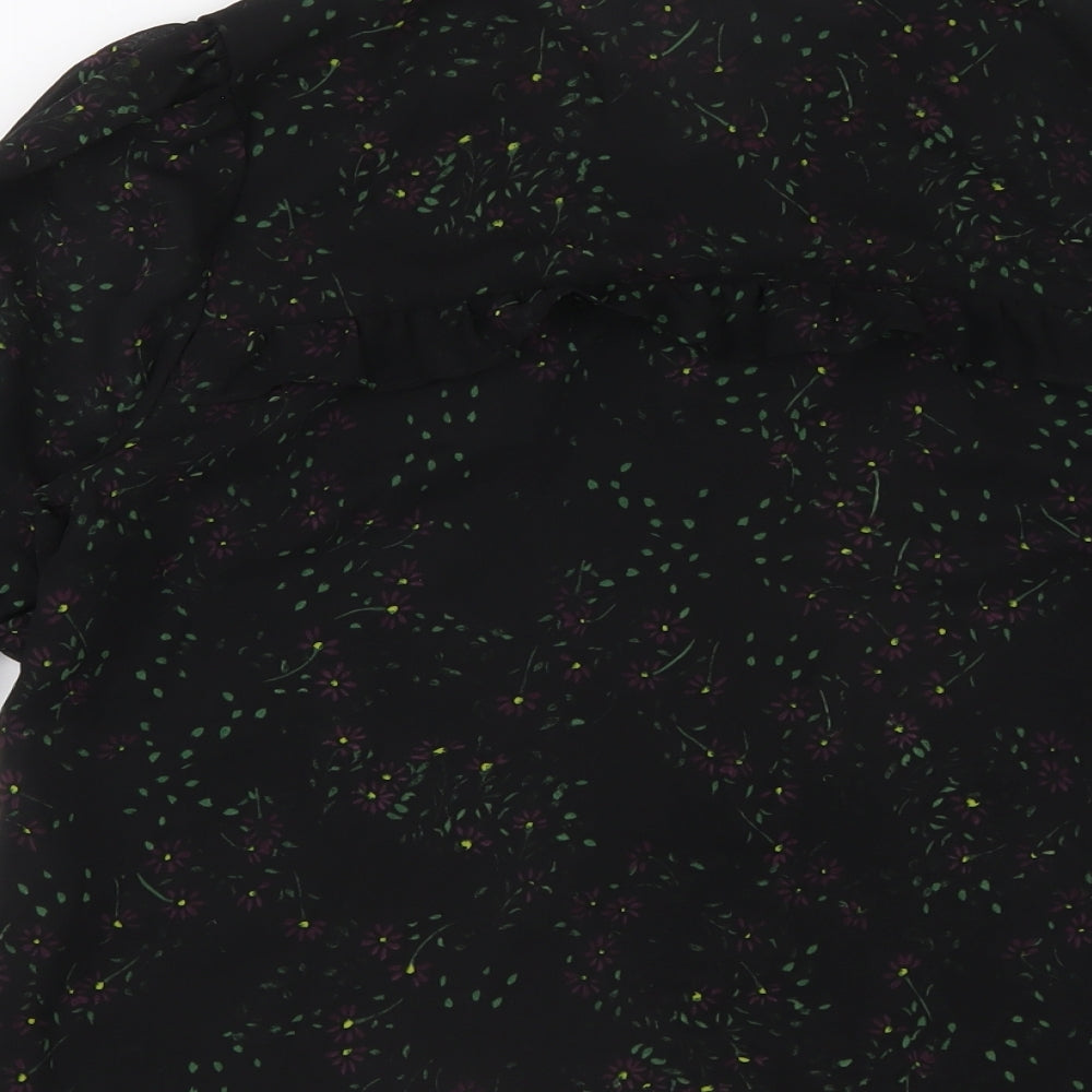 Zara Womens Black Floral Polyester Basic Button-Up Size M Collared