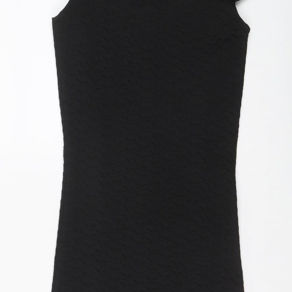 Brand and care label for Miss Selfridge women’s black polyester bodycon, size UK 6, off the shoulder pullover