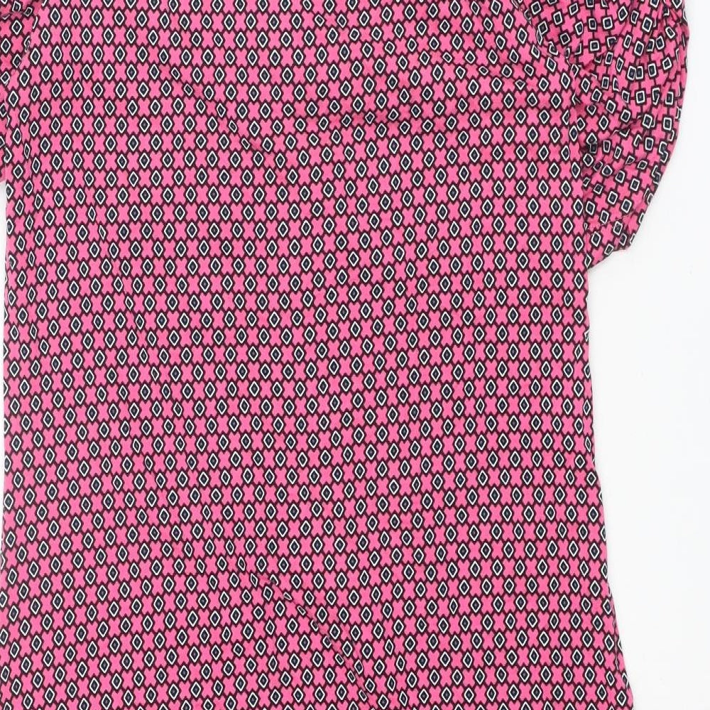 NEXT Womens Pink Geometric Viscose Shift Size 10 V-Neck Pullover - Puff Sleeve