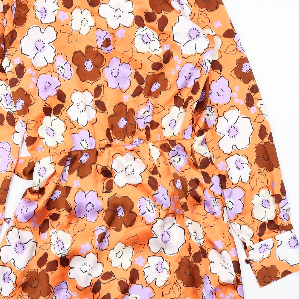 Zara Womens Orange Floral Polyester Bodycon Size S V-Neck Tie