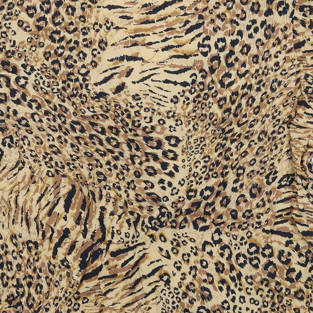 Warehouse Womens Beige Animal Print Viscose Basic Button-Up Size 14 Round Neck - Leopard Print