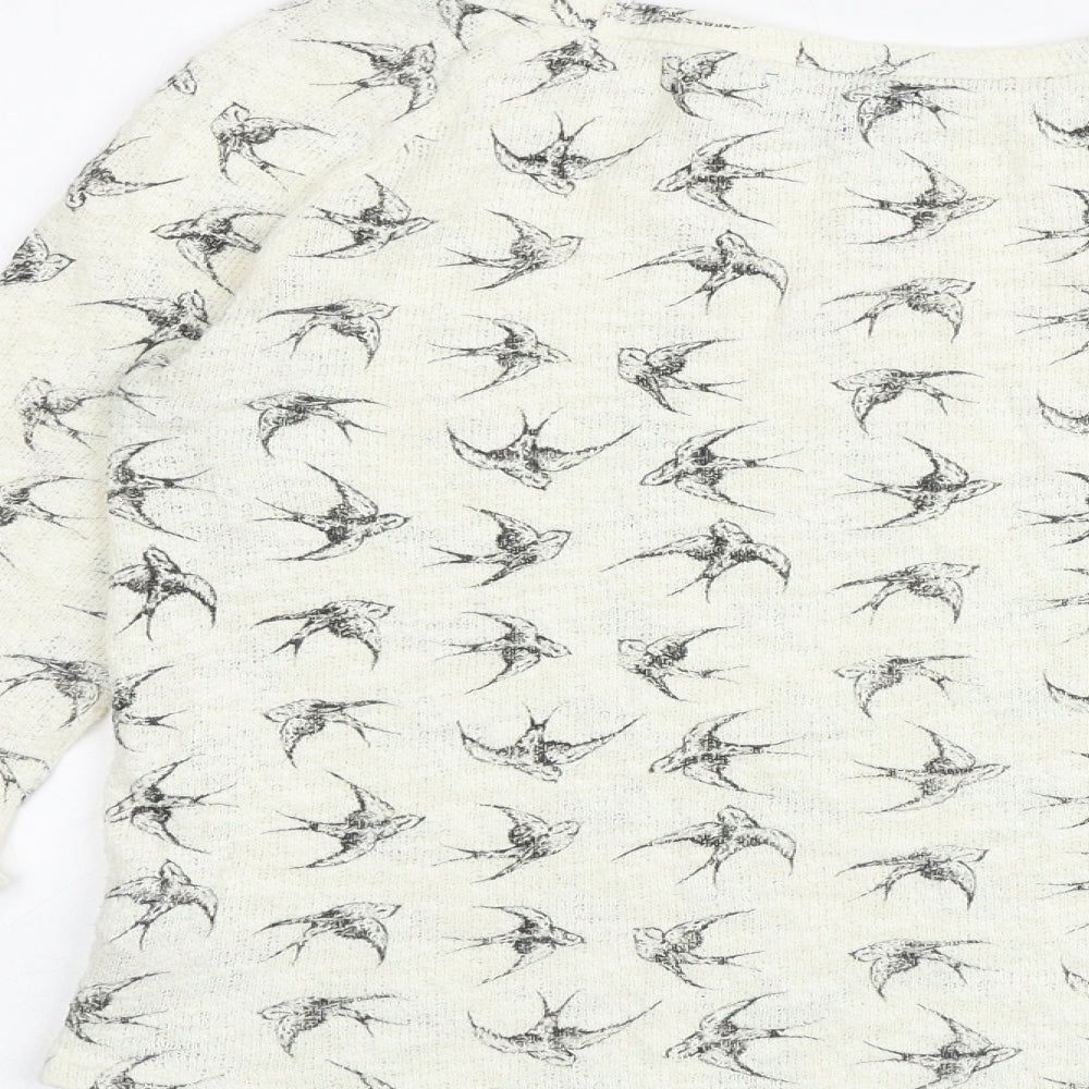 New Look Womens Ivory Boat Neck Geometric Cotton Pullover Jumper Size 8 - Bird pattern