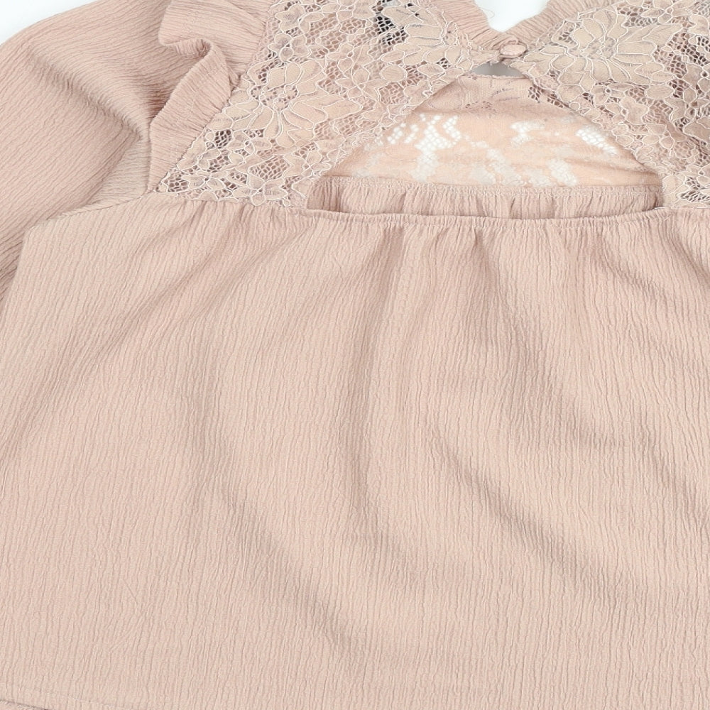 New Look Womens Pink Polyester Basic Blouse Size 6 Mock Neck - Lace Details