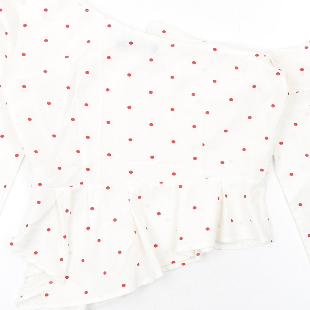Nasty Gal Womens White Polka Dot Polyester Basic Blouse Size 8 Off the Shoulder - Asymmetric Neckline