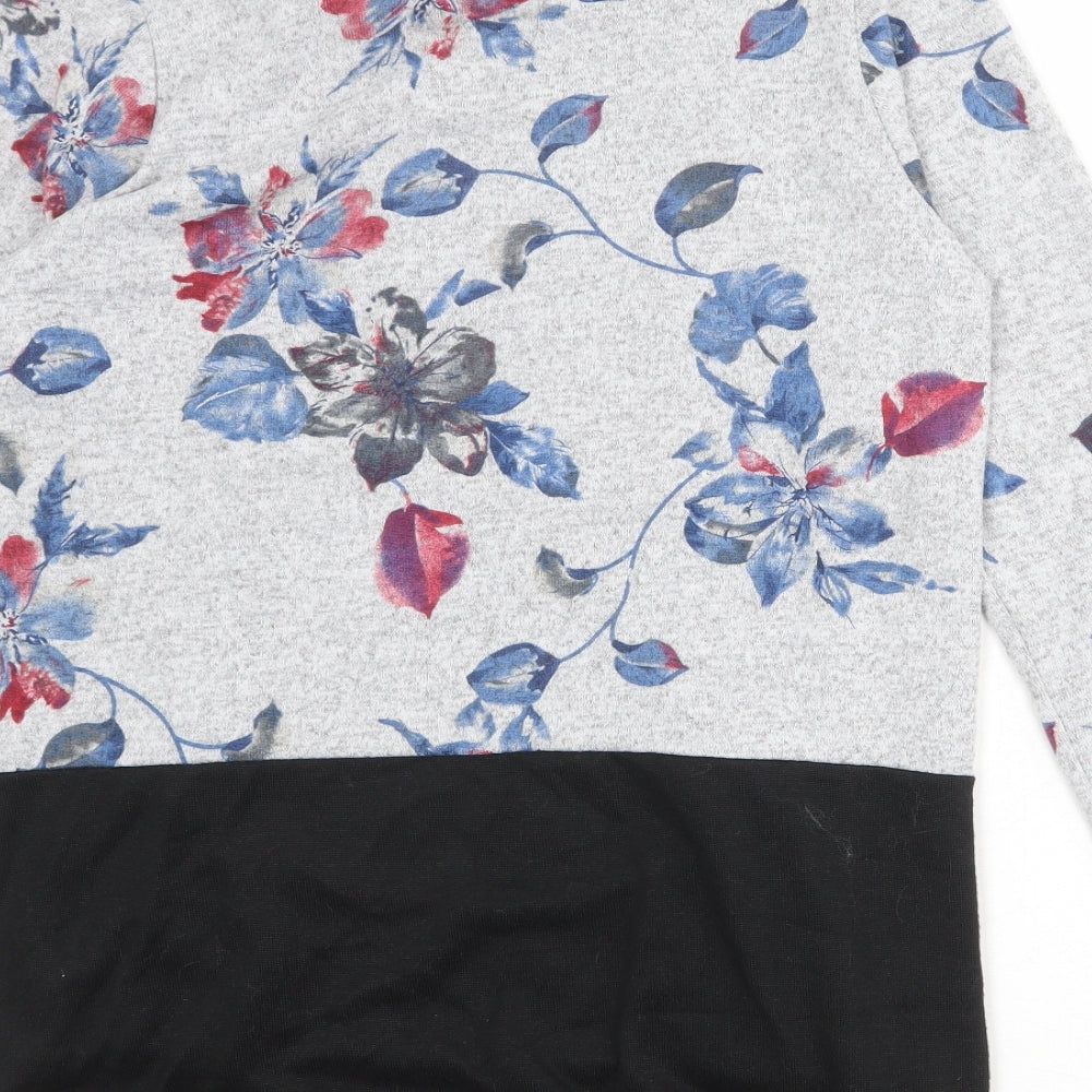 Tenki Womens Grey Floral Polyester Basic T-Shirt Size M Round Neck