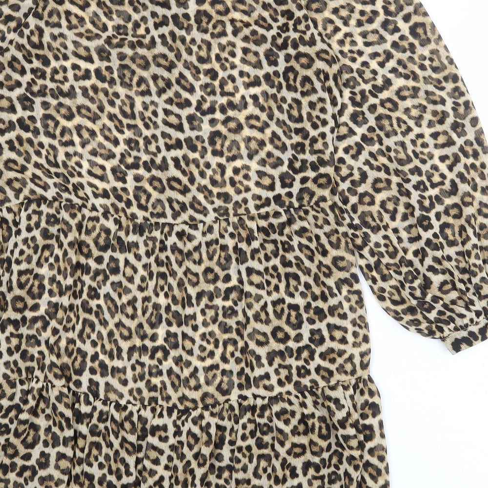 H&M Womens Multicoloured Animal Print Polyester A-Line Size S Round Neck Button - Leopard pattern