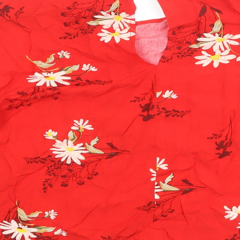 Warehouse Womens Red Floral Viscose Basic Blouse Size 8 Round Neck