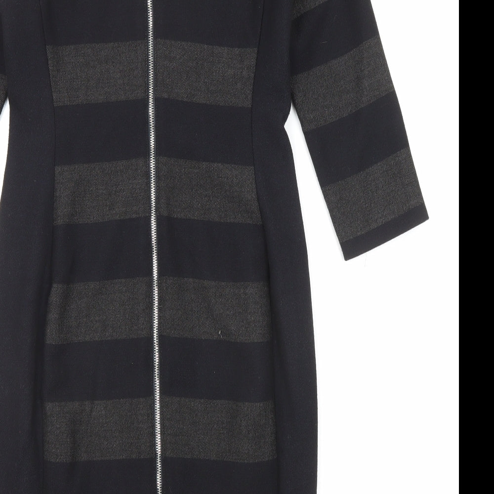 Oui Womens Black Striped Polyester Shift Size 10 Round Neck Zip