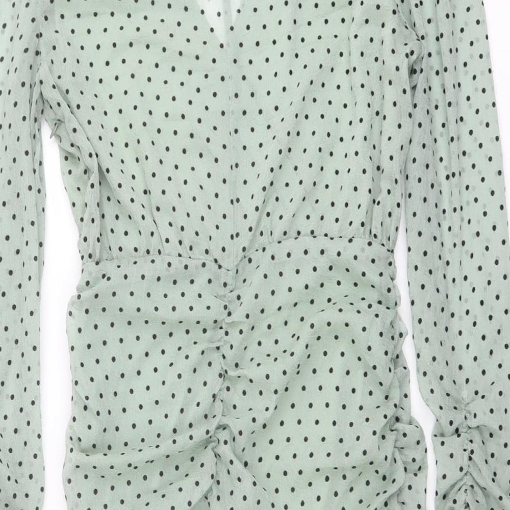 Nasty Gal Womens Green Polka Dot Polyester Bodycon Size M V-Neck Zip