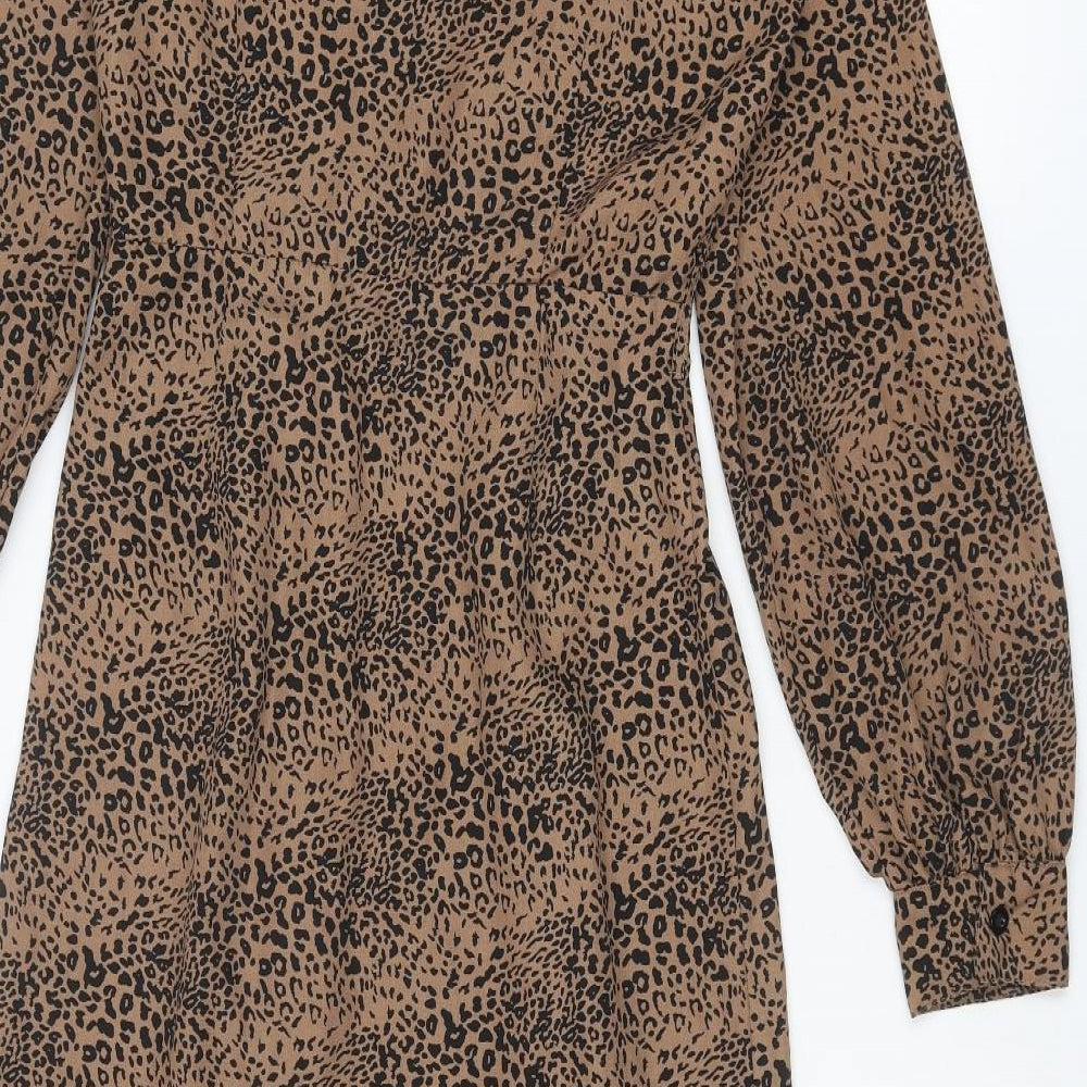 Lola May Womens Brown Animal Print Polyester Shirt Dress Size 8 Collared Button - Leopard Print