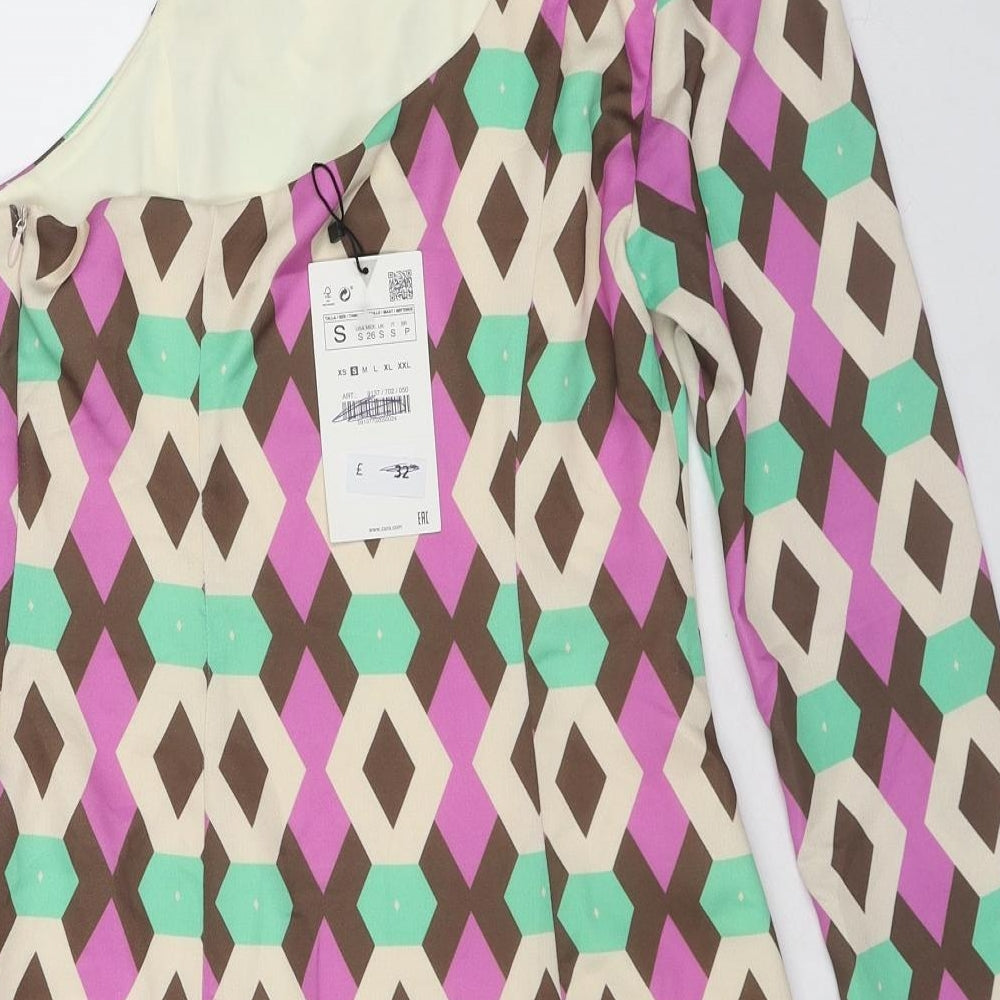 Zara Womens Multicoloured Geometric Polyester Mini Size S One Shoulder Zip