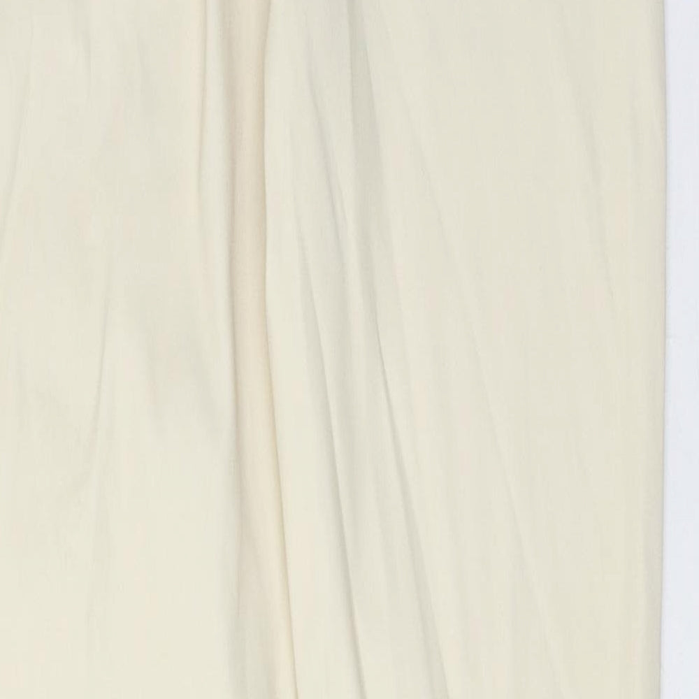 Brand and care label for Denim & Co. women’s ivory polyester trousers, size UK 8, 28-inch leg regular zip