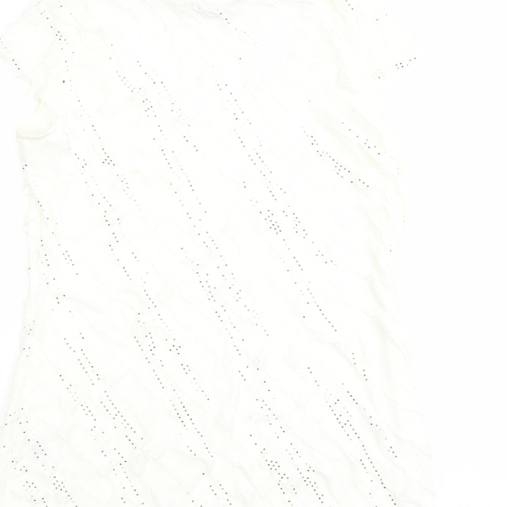 Roman Womens Ivory Geometric Polyester Basic T-Shirt Size 12 Scoop Neck