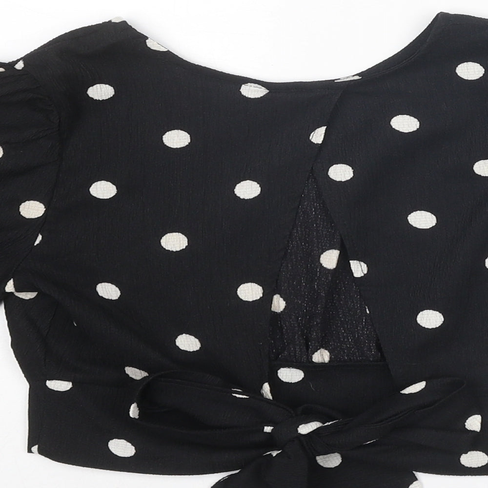 H&M Womens Black Polka Dot Polyester Cropped Blouse Size XS Boat Neck - Tie Back Detail