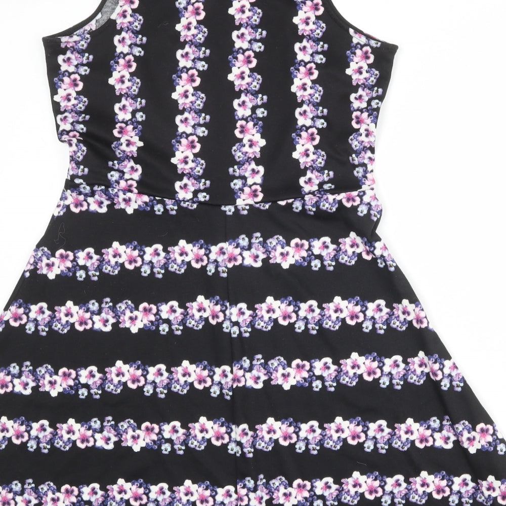 H&M Womens Black Floral Polyester Fit & Flare Size M Boat Neck Pullover