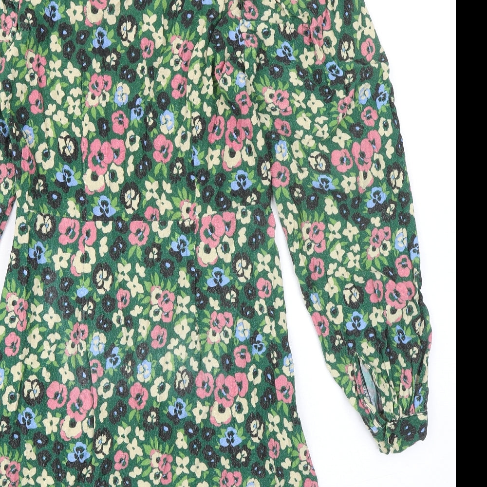 Warehouse Womens Green Floral Viscose A-Line Size 10 V-Neck Lace Up