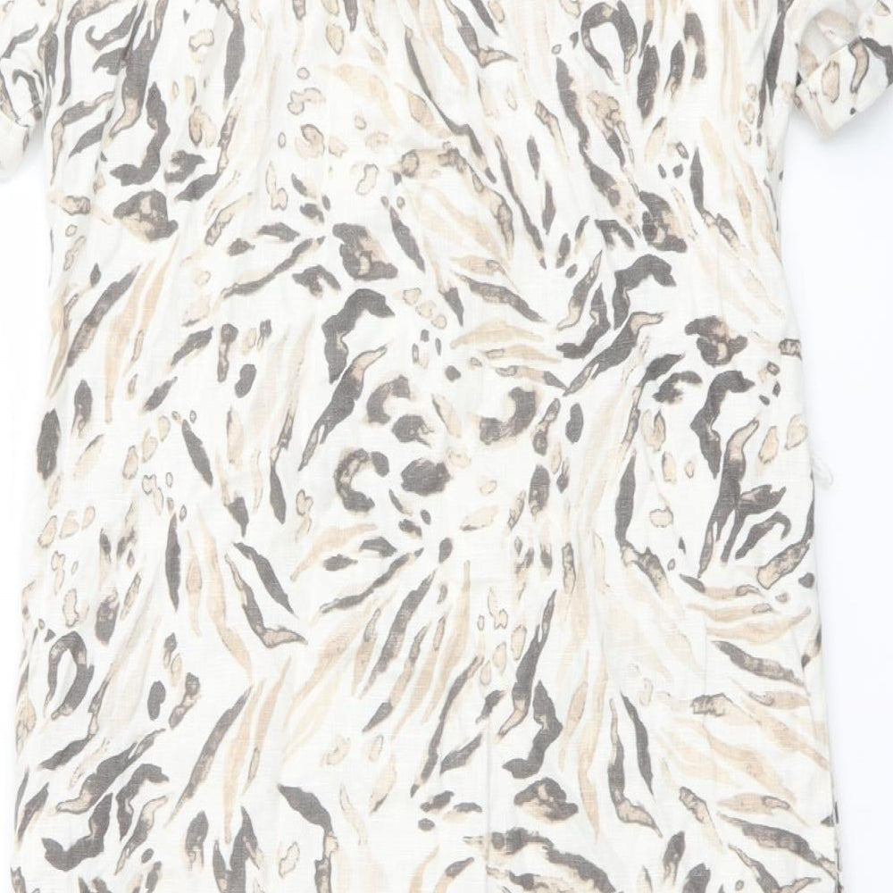 Marks & Spencer Womens Beige Geometric Linen Shift Size 8 Round Neck Button