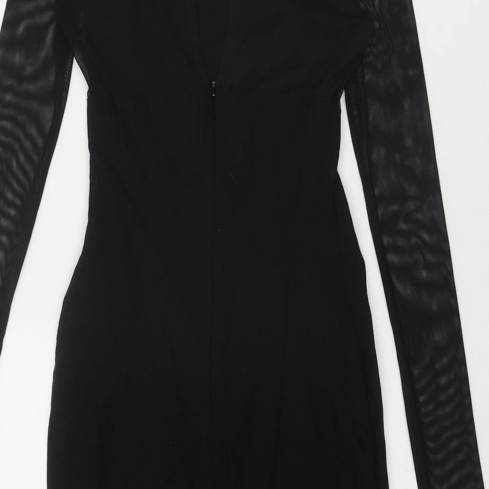 Miss Selfridge Womens Black Viscose Shift Size 8 Round Neck Zip - Sheer Sleeves